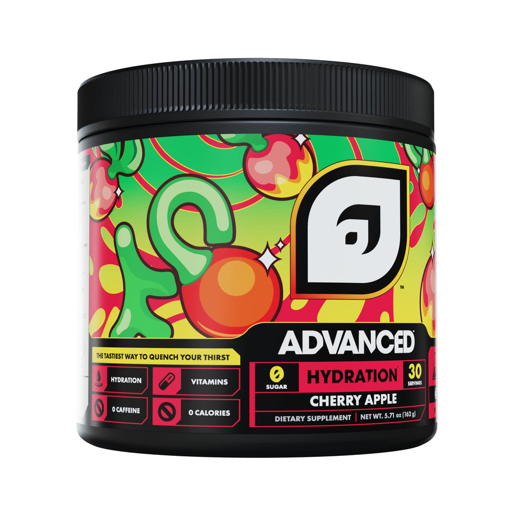 Advanced Hydration tub label highlights B vitamins and zero calories for daily refreshment.