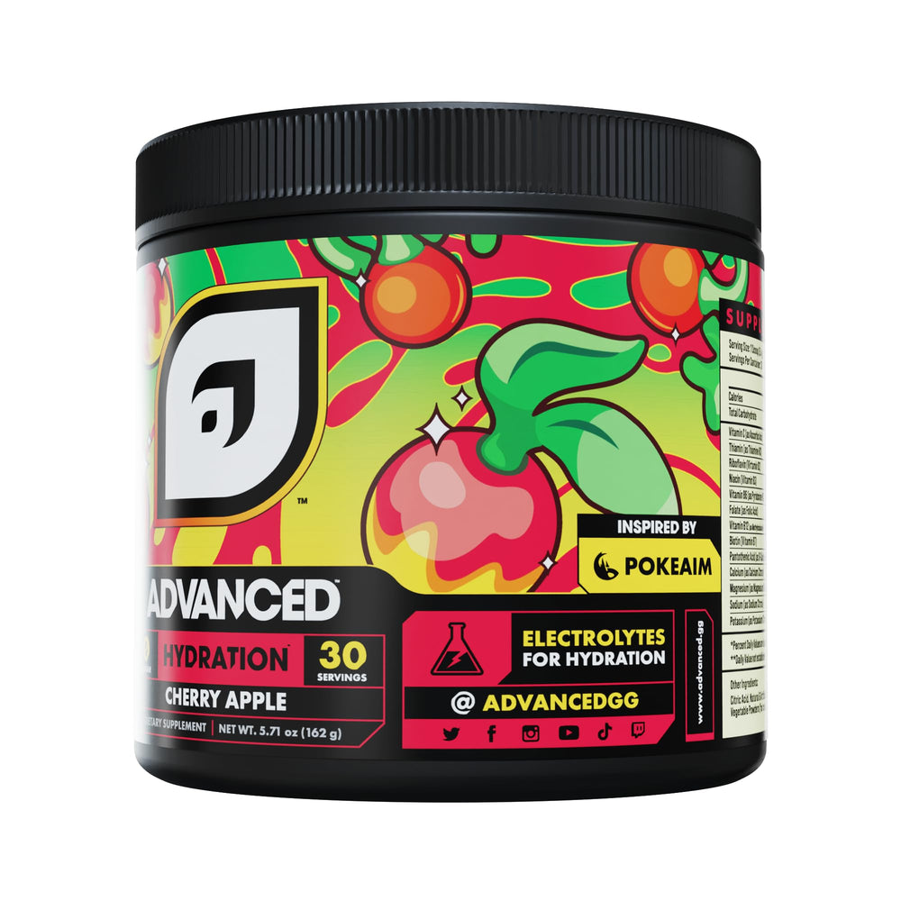 Advanced Hydration water-dispersion glass shows Cherry Apple flavor ready to mix.