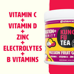 Pouring Advanced x Kung Fu Tea hydration powder into water for easy mix