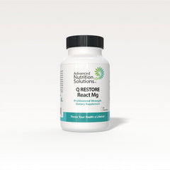 Advanced Nutrition Solutions Q Restore React Mg bottle front highlighting cardiovascular support