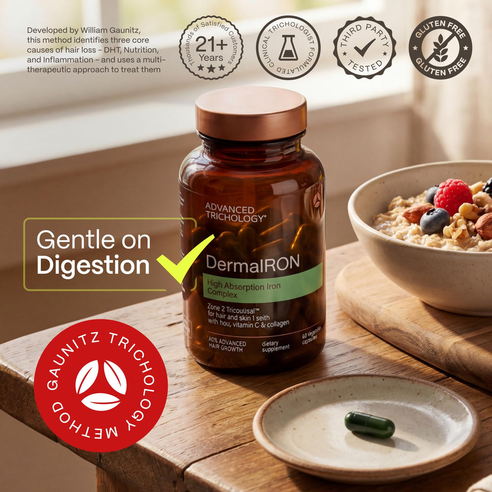 Advanced Trichology DermaIRON capsules jar showing easy daily intake