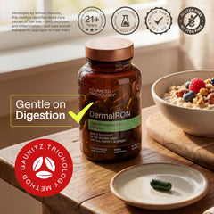 Advanced Trichology DermaIRON capsules jar showing easy daily intake