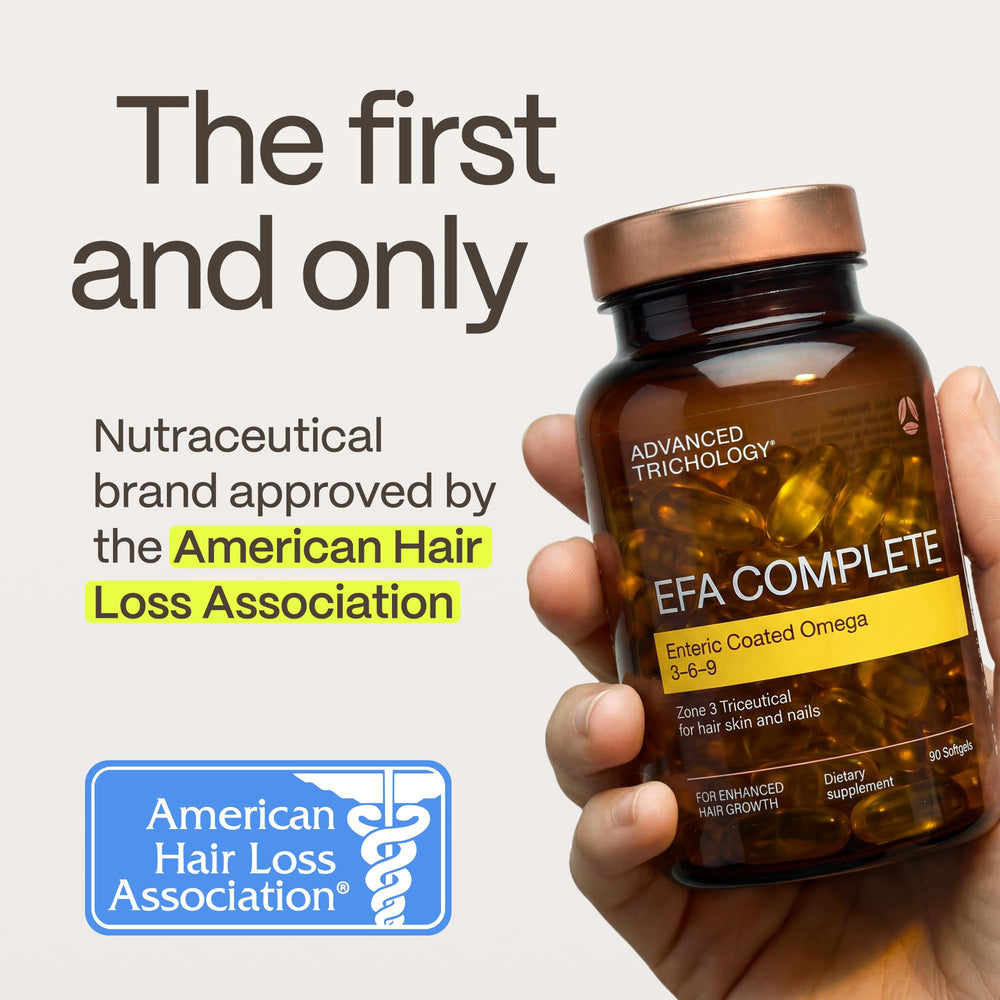 Advanced Trichology EFA Complete bottle back reveals ingredients for informed choices
