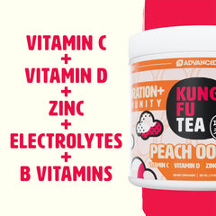 Advanced hydration powder peach oolong glass stir showcases refreshing, keto-friendly flavor with essential vitamins.