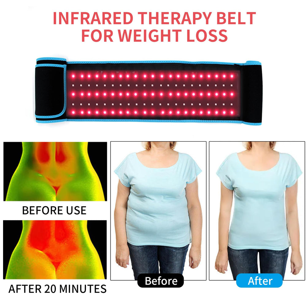 ADVARAYS red light therapy belt applied to the shoulder to ease stiffness with infrared light.
