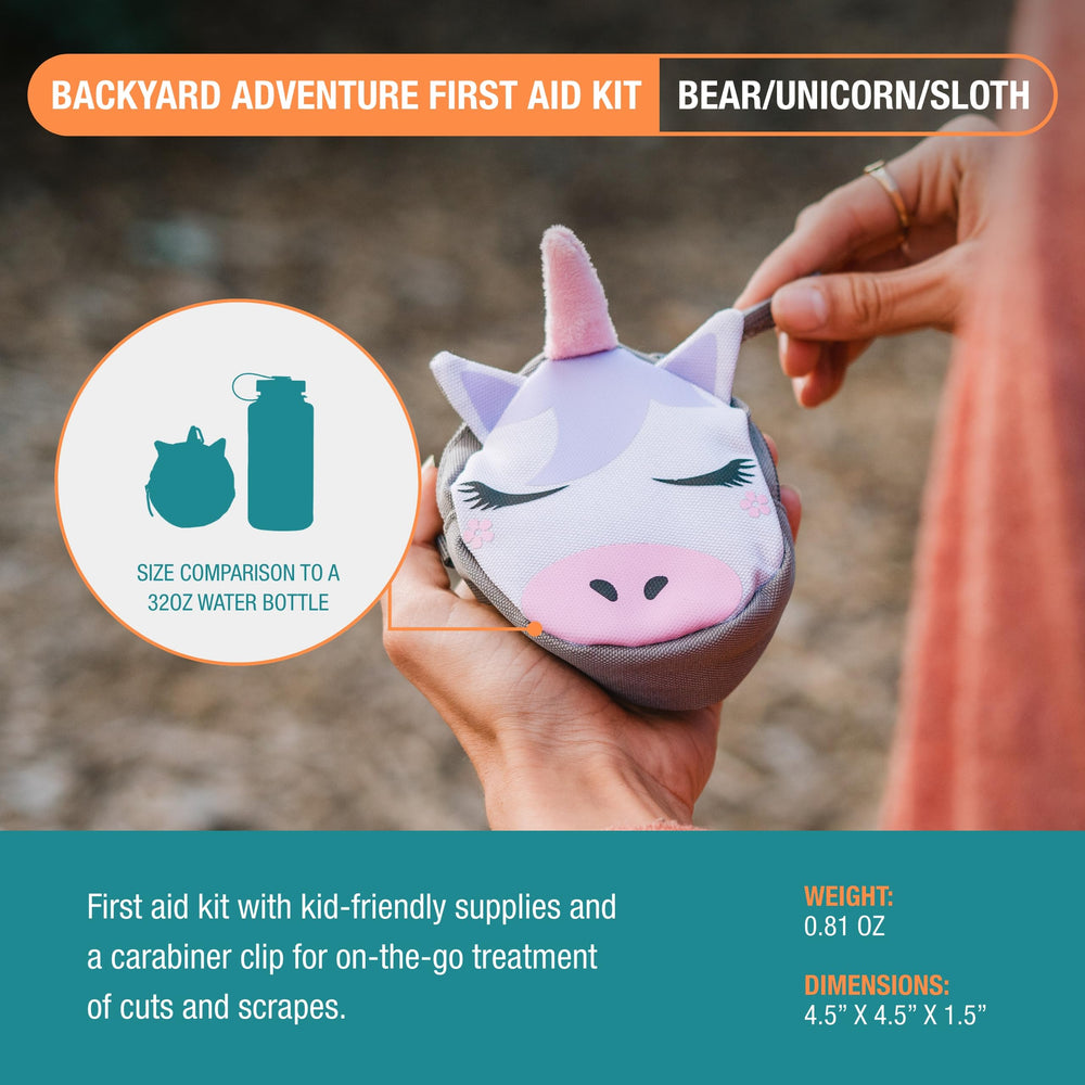 Adventure Medical Kits bandages and sanitizer display for kid-friendly care.