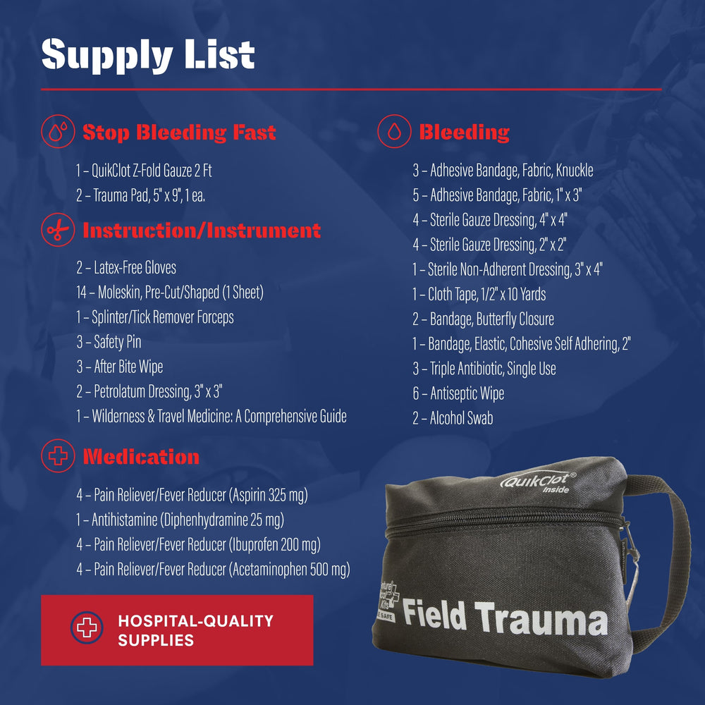 Backcountry setup: compact trauma kit designed for rugged environments.