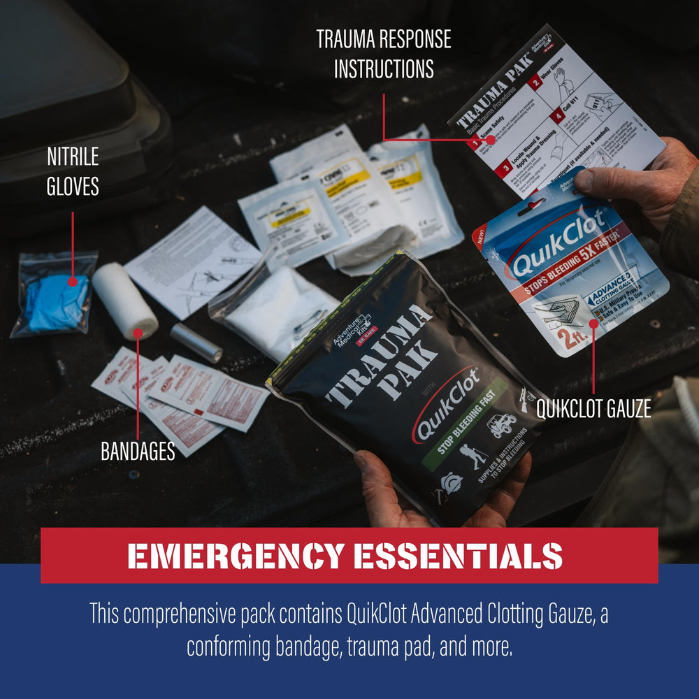 Trauma Pak triangular bandage included for versatile field stabilization.
