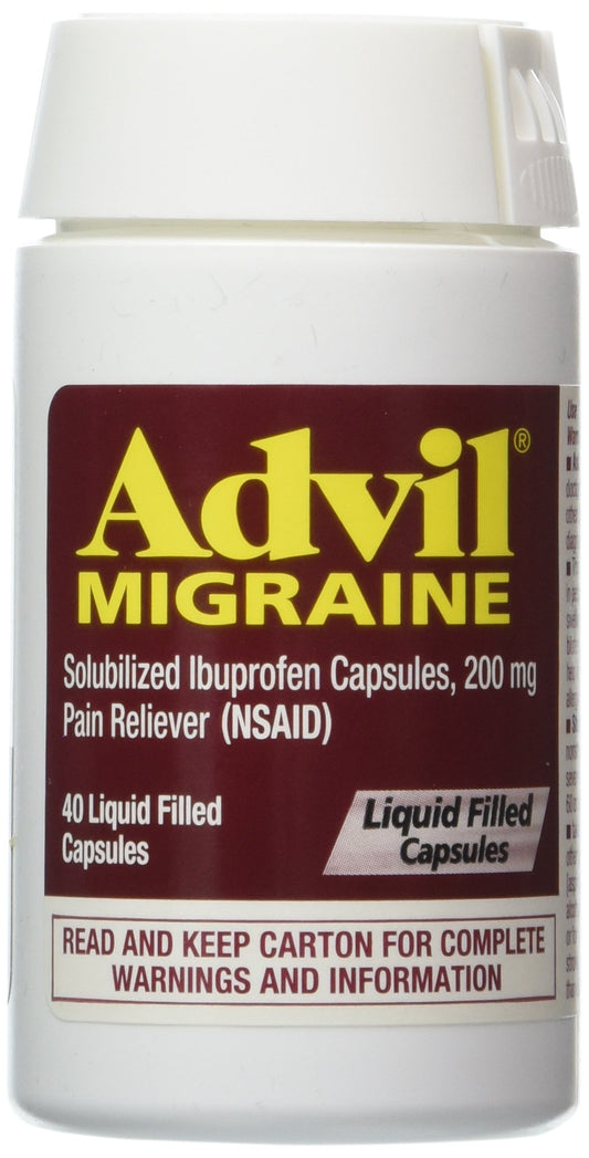 Advil Migraine Liqui-Gels bottle on a desk for on-the-go symptom support.