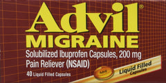 Close-up of Advil Migraine Liqui-Gels capsules, easy to swallow.