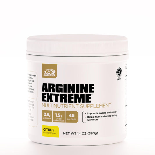 AdvoCare Arginine Extreme powder tub front for pre-workout support.