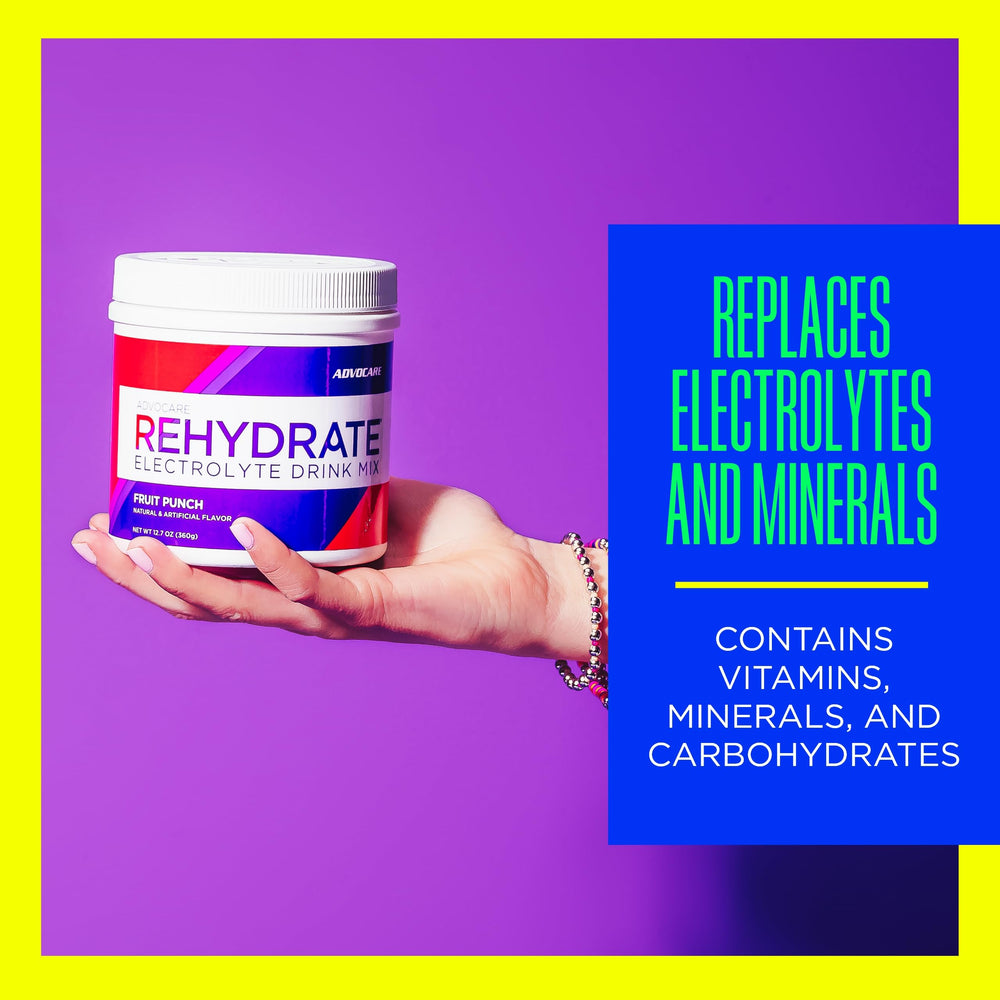 AdvoCare Rehydrate mixed in glass with fruit punch flavor appealing.