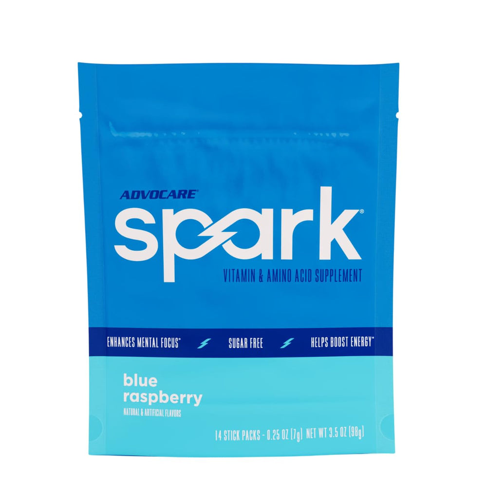 AdvoCare Spark blue raspberry stick pack ready to mix for a quick energy boost.