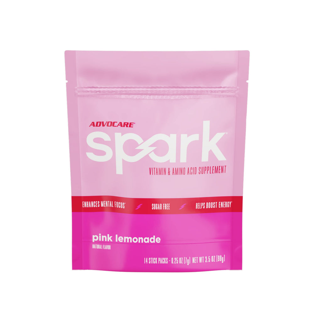 AdvoCare Spark Pink Lemonade stick-pack showing portable energy boost