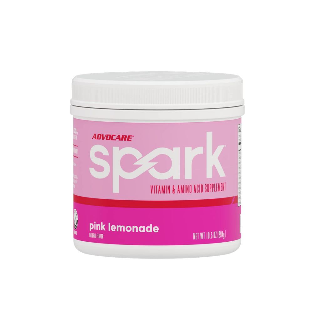 AdvoCare Spark pink lemonade tub showing convenient energy boost
