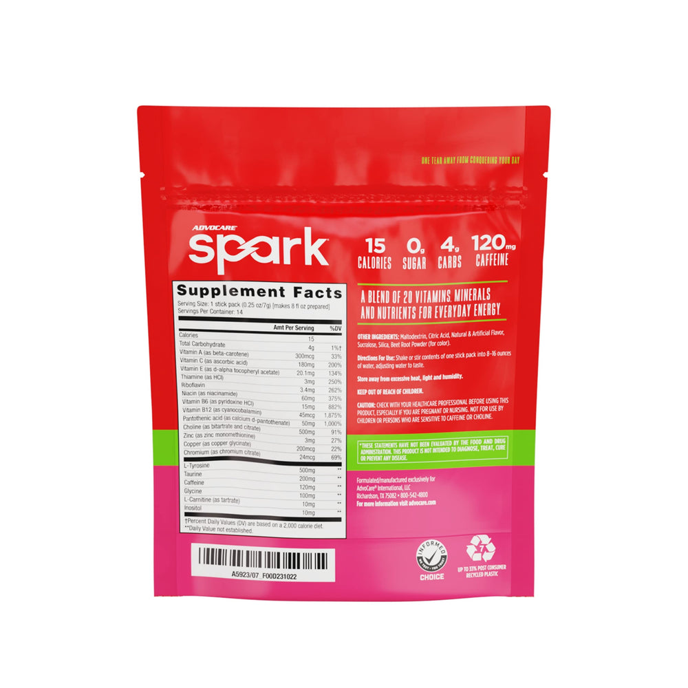 AdvoCare Spark stick pack back view showing vitamin C and sugar-free formula