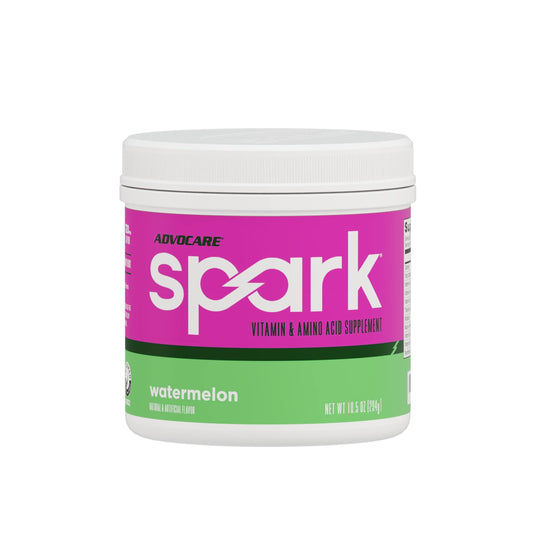 AdvoCare Spark tub front highlights watermelon flavor for quick energy.