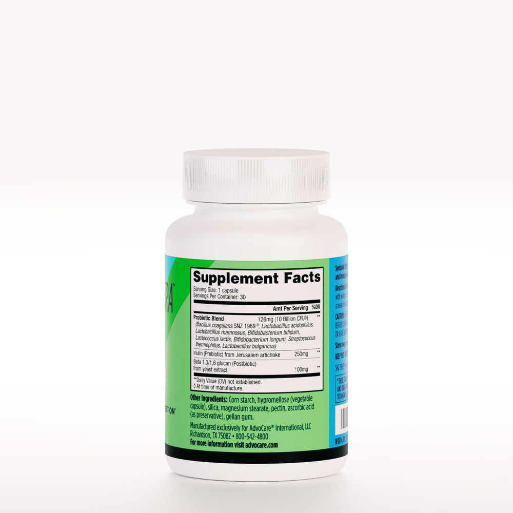 AdvoCare Synbiotic Ultra capsules close-up showing the probiotic blend for gut health.