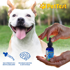 Advocate PetTest methyl B12 drops dropper pouring a measured dose for pets' daily use