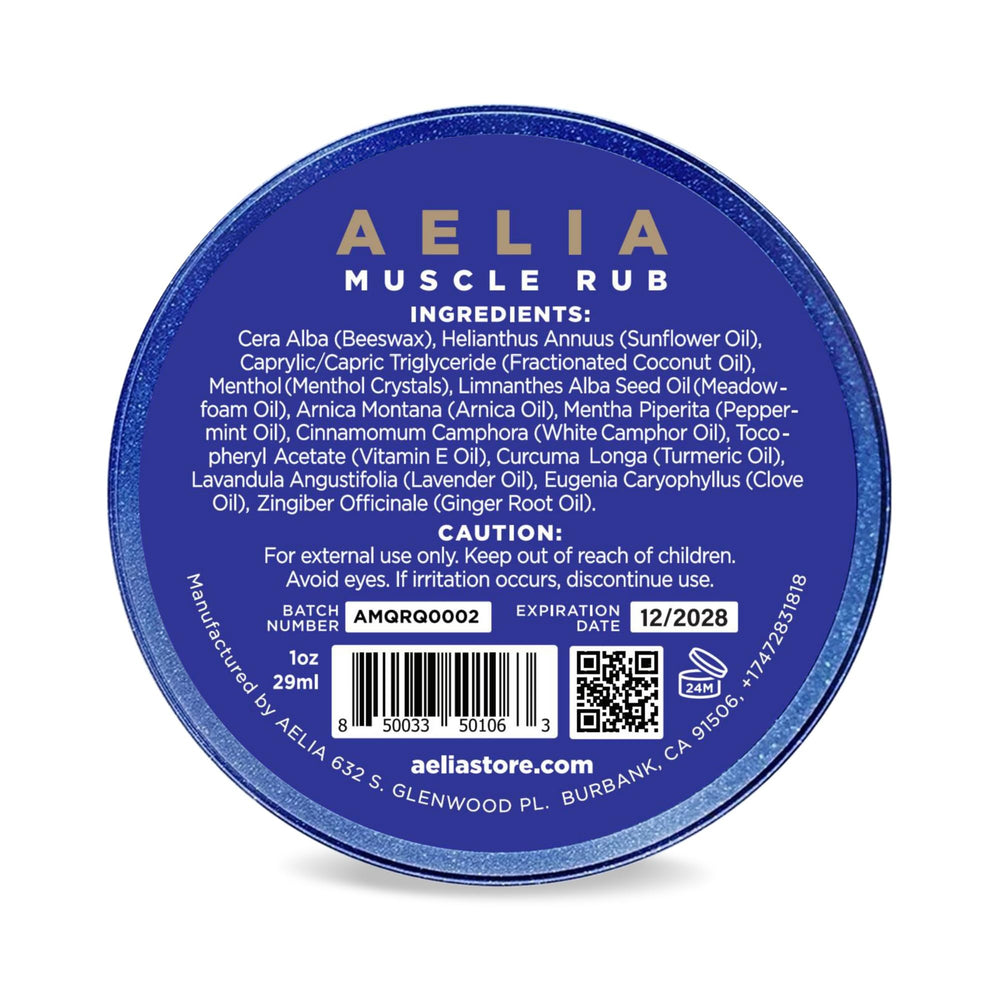 AELIA Muscle Rub applied on shoulder to ease tension with a non-greasy finish.