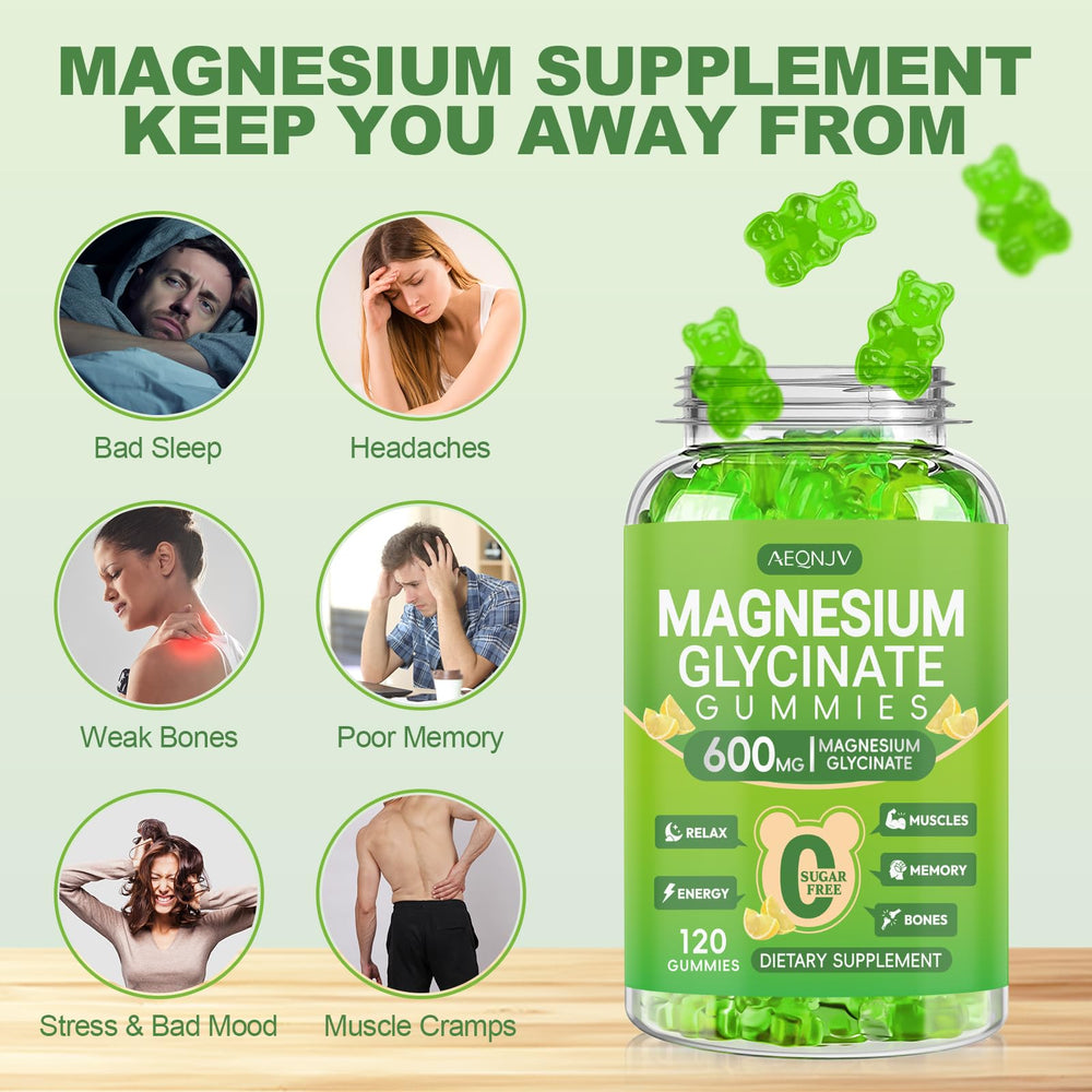 AEQNJV Magnesium Glycinate Gummies ingredients panel highlighting CoQ10 and vitamin blend.