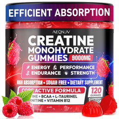 AEQNJV creatine gummies bottle labeled for energy support and performance.