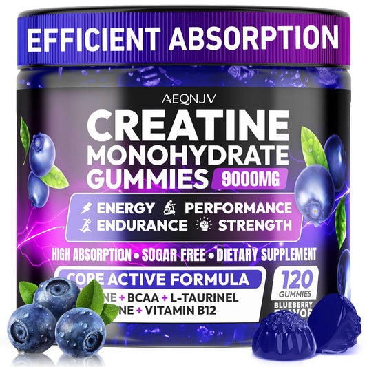 AEQNJV Creatine Gummies bottle showing 120 vegan gummies for daily energy