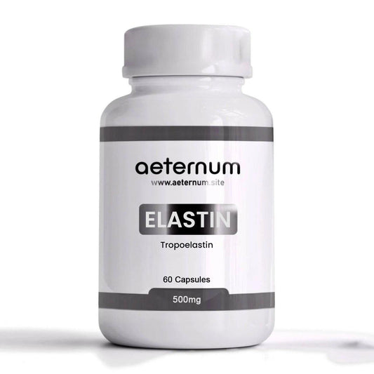 Aeternum Elastin 500mg capsules bottle on shelf, supporting skin elasticity.