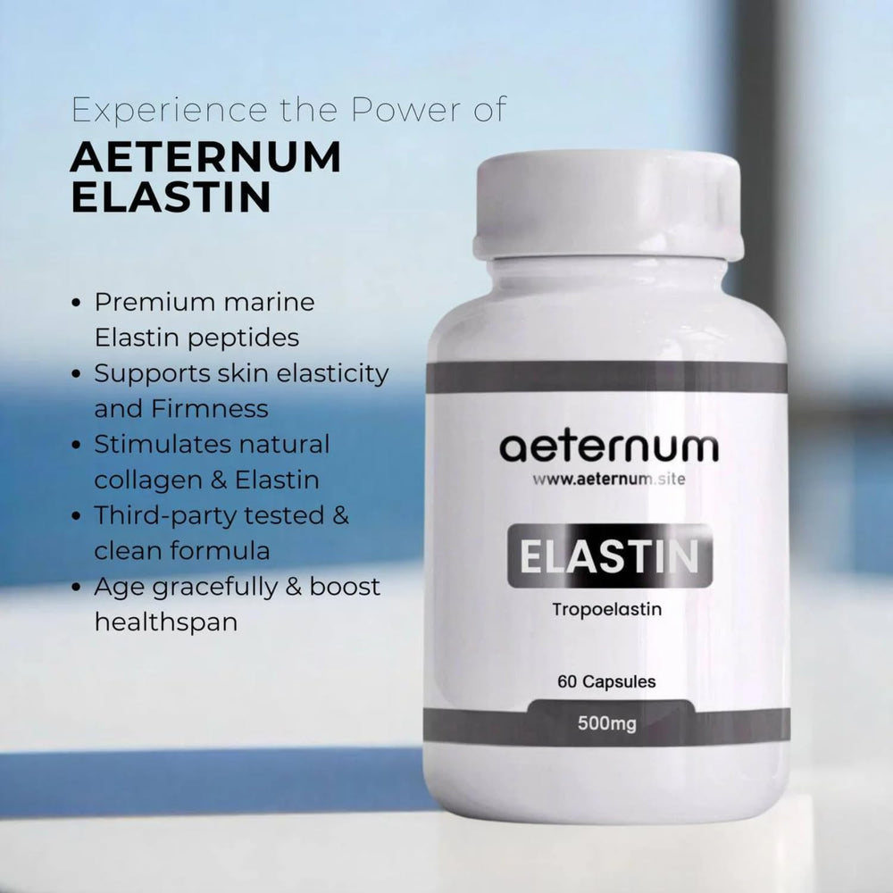 Aeternum Elastin label design with third-party testing seal and clean branding.