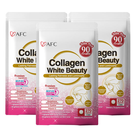 AFC Japan Collagen White Beauty bottle on a clean surface for daily skin support.