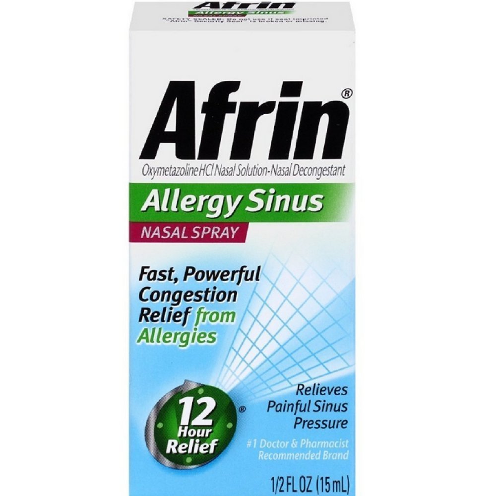 Afrin Nasal Spray 12 Hour Relief bottle offers instant congestion relief for allergies.