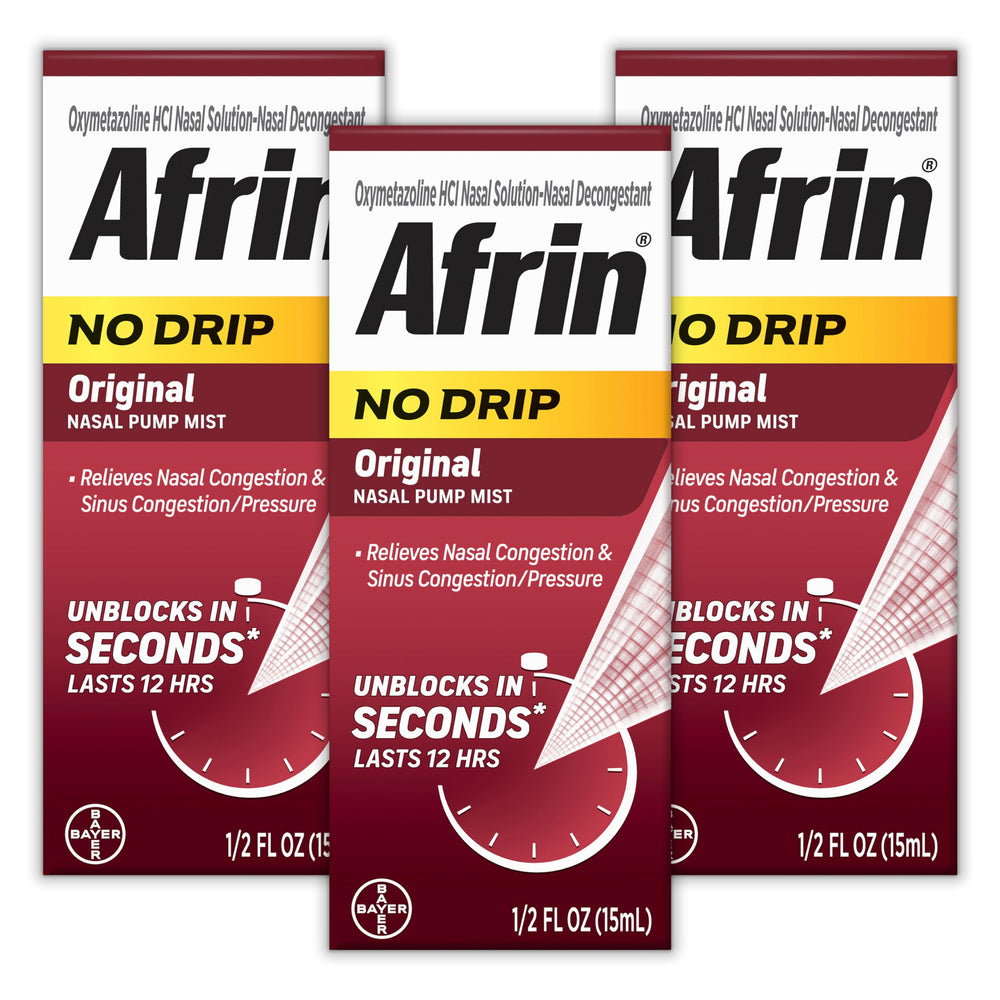 Afrin No Drip Original nasal mist bottle-pump for fast, mess-free relief.