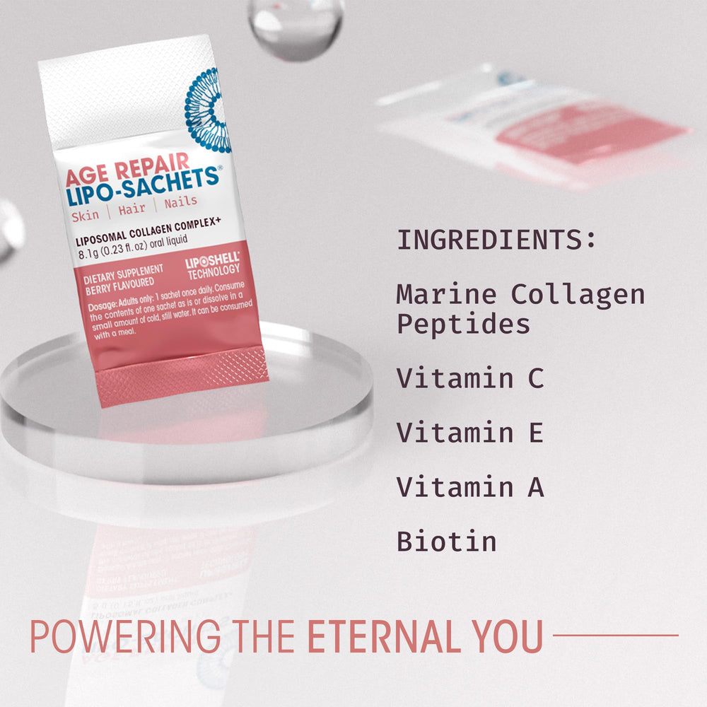 Glass of water with a dissolved AFT Age Repair sachet for daily routine.