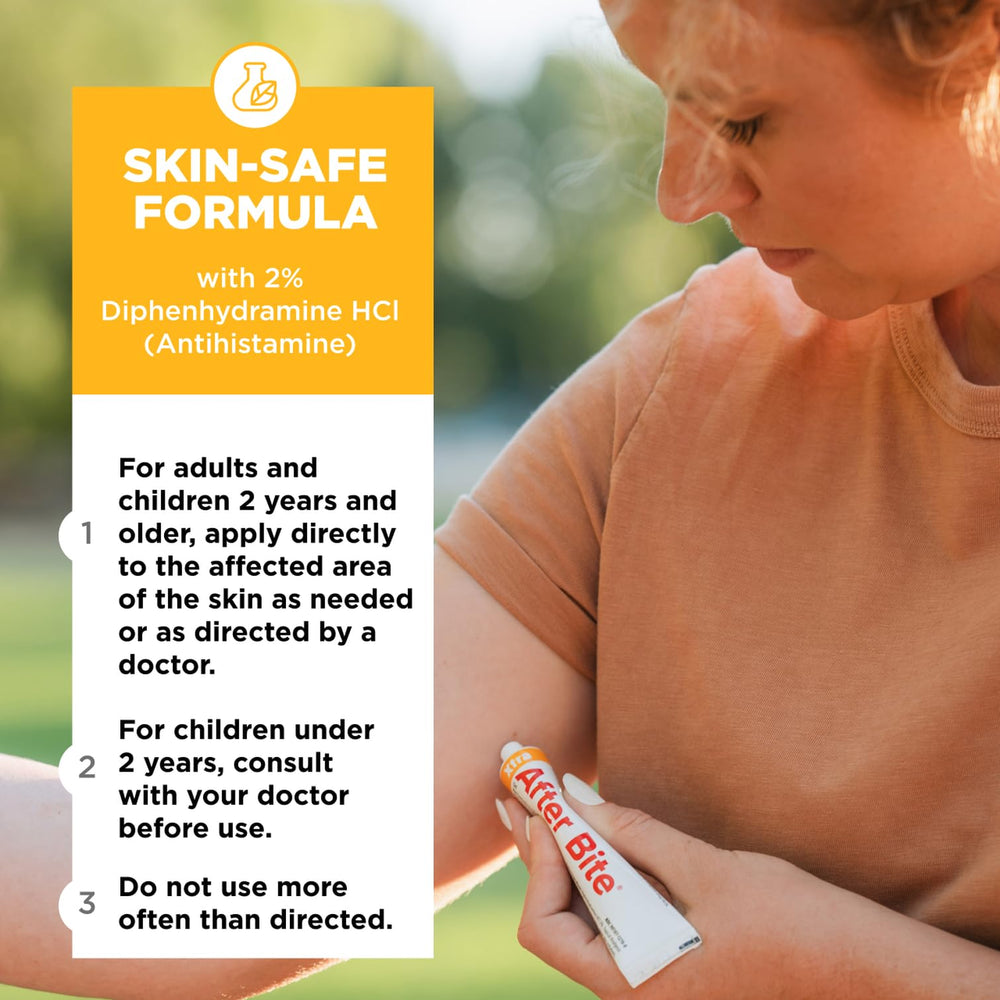 Applying After Bite Xtra Formula gel on skin for itch relief.