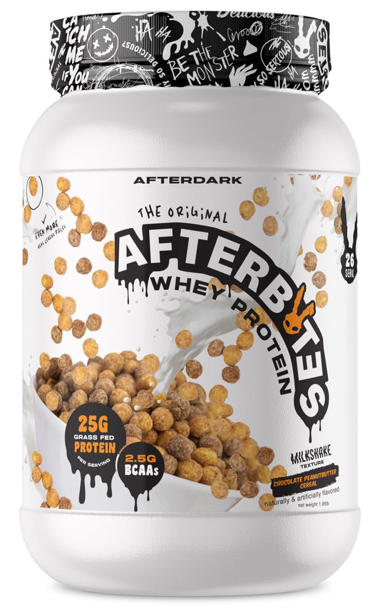 AFTERDARK AfterBites whey protein powder in chocolate peanut butter cereal jar supports muscle recovery