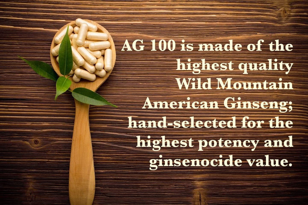 AG 100 wild American ginseng capsules closeup showing smooth shell and quality ingredients.
