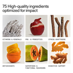 AG1 ingredients label graphic highlighting 75 vitamins and probiotics for overall wellness.