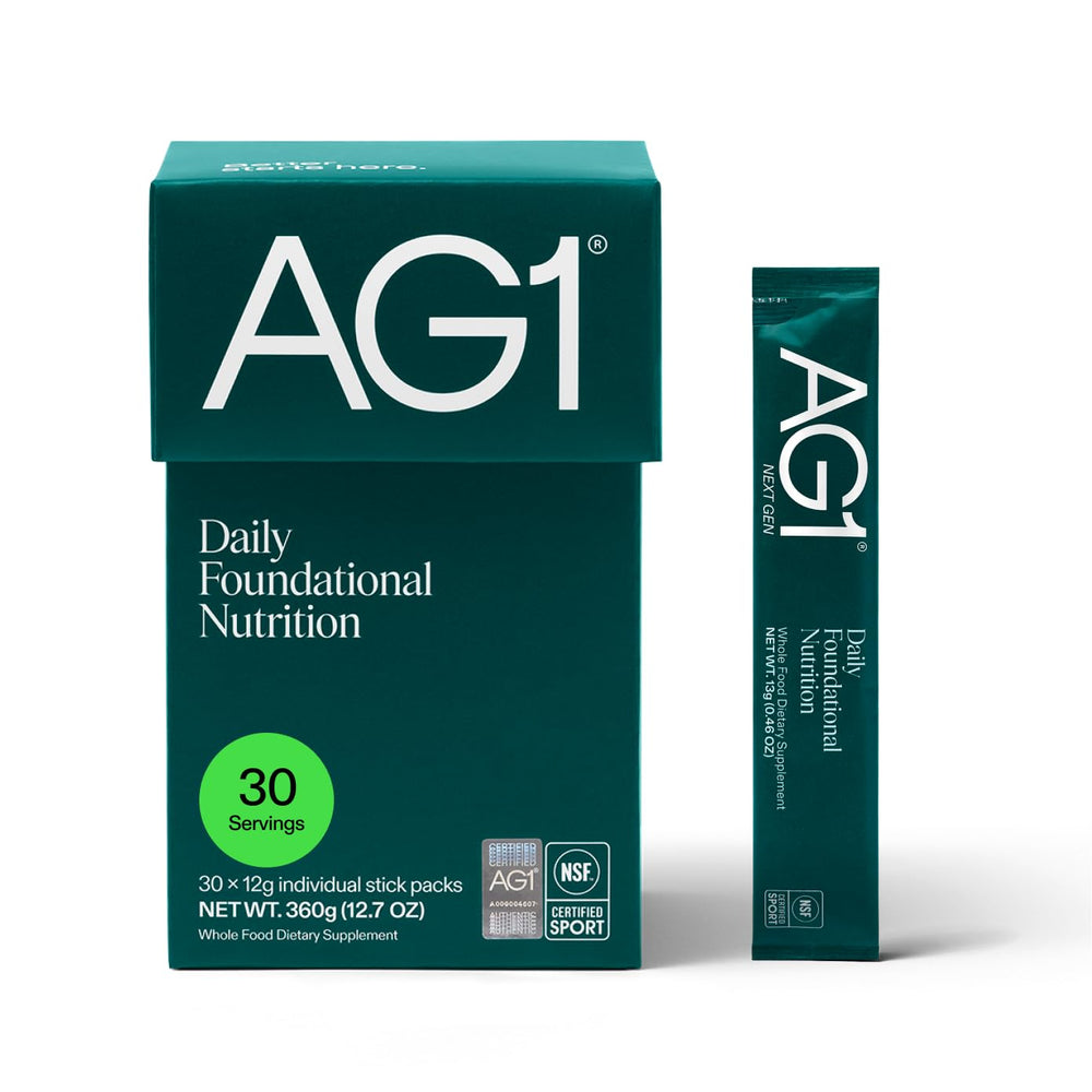 AG1 travel pack front view showing compact daily nutrition on the go