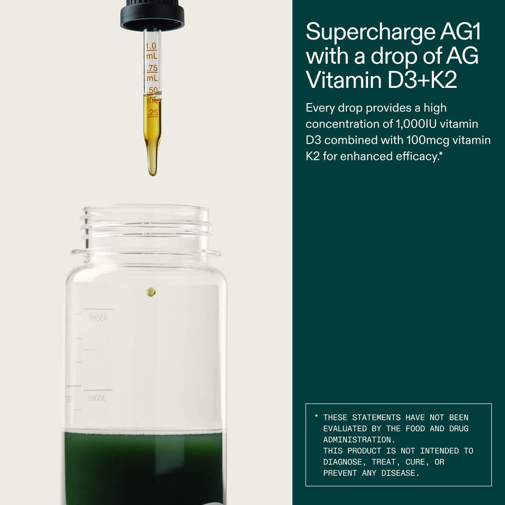 AG1 D3+K2 drops on tongue allow fast, customizable dosing.