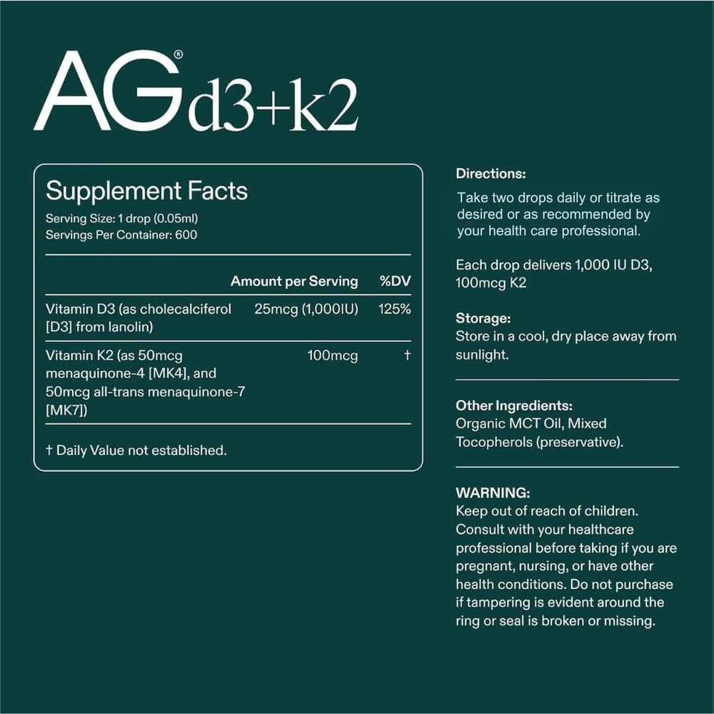AG1 D3+K2 drops added to water for easy daily intake.