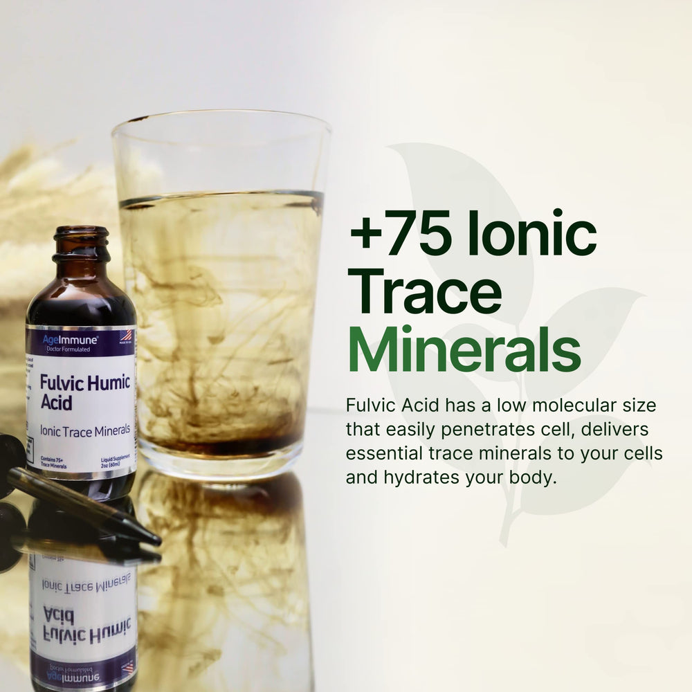 AgeImmune Fulvic Humic Acid bottle in wellness setting