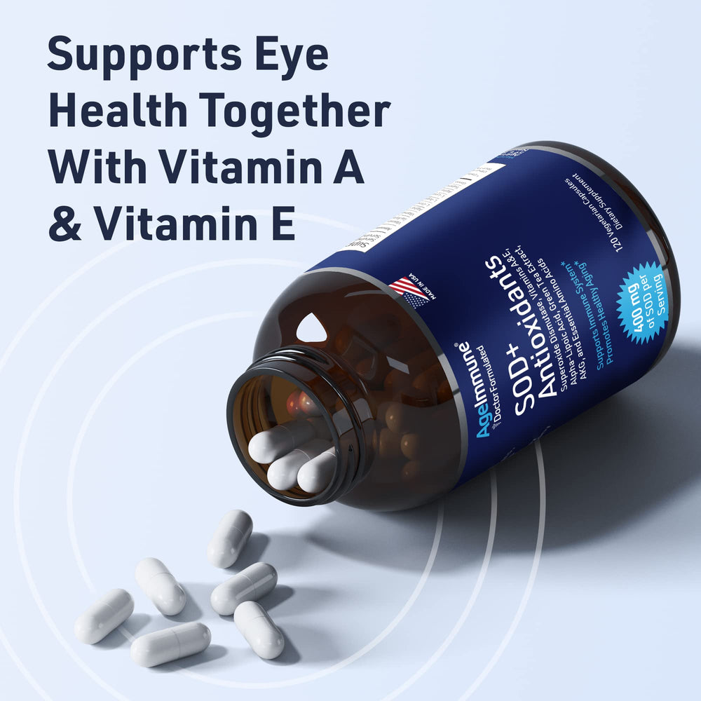 AgeImmune SOD capsules on clean surface for daily wellness