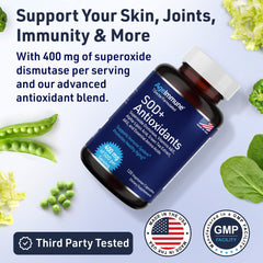 Closeup of AgeImmune SOD Antioxidants label with 400 mg SOD