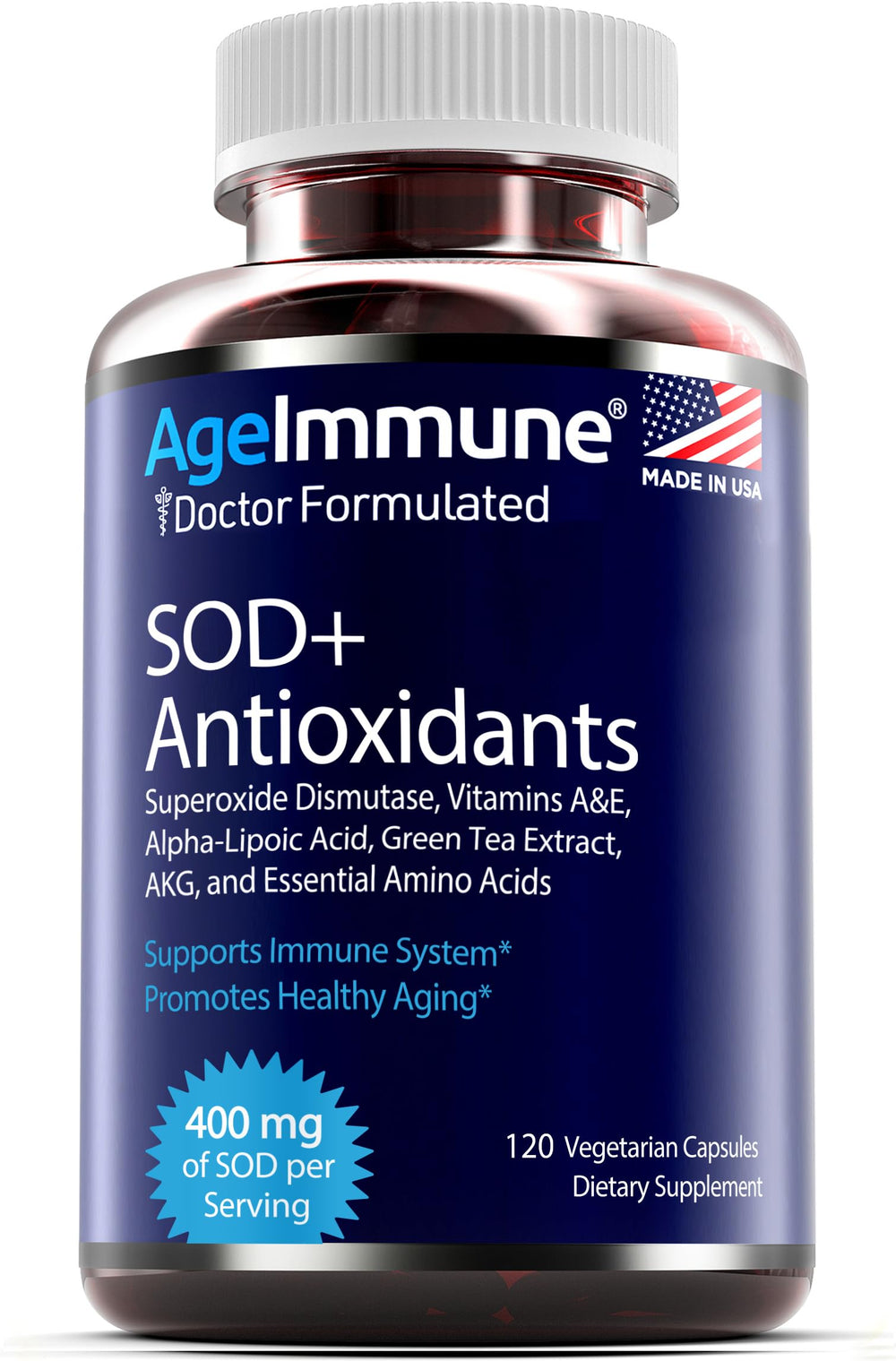 AgeImmune SOD Antioxidants box and capsules for daily regimen