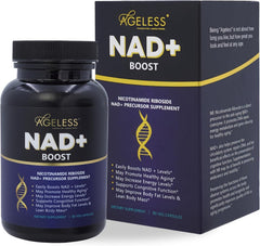 Gift-ready packaging of Ageless NAD with bottle