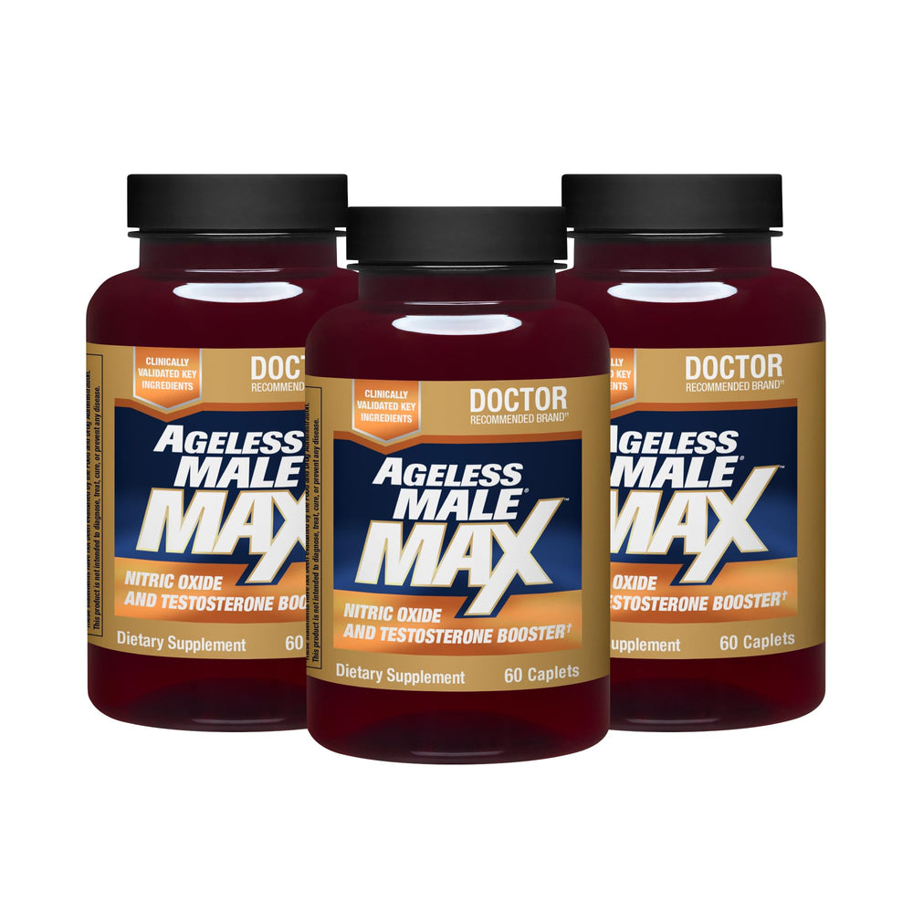 Ageless Male Max bottle front view for daily energy and workouts.