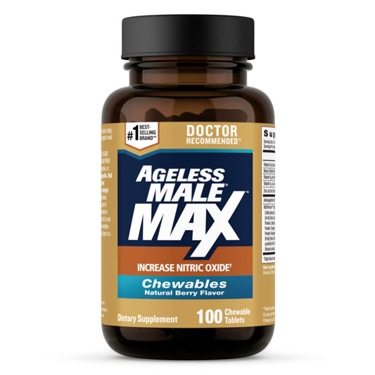 Ageless Male Max bottle-front showing chewable nitric oxide support for workouts