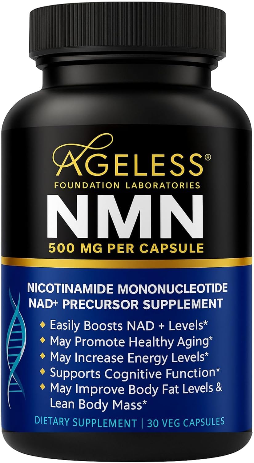 Ageless NMN 500mg capsules bottle for daily supplementation.