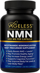 Ageless NMN 500mg capsules bottle for daily supplementation.