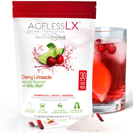 AgelessLX cherry limeade powder tub for lean muscle support and radiant skin.